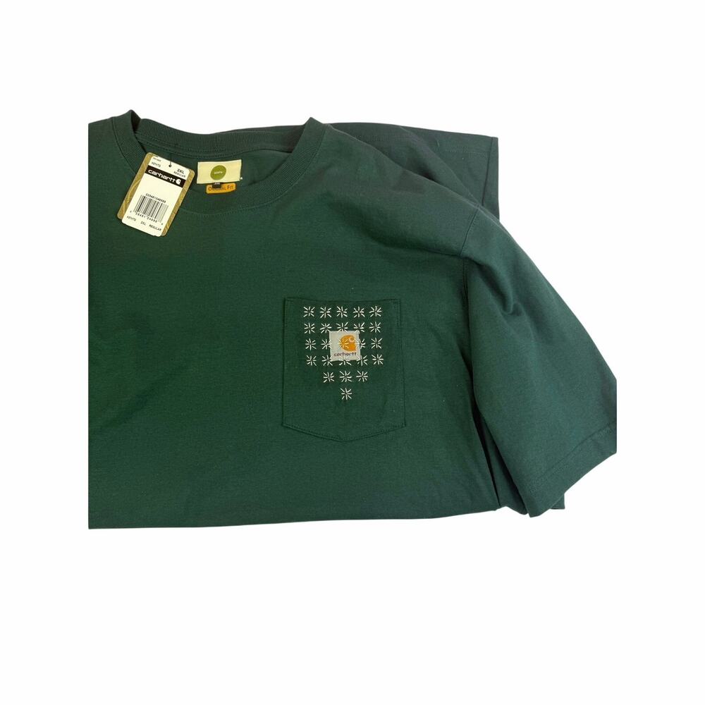 Carhartt forest green t shirt size 2xl with embroidery around logo on pocket
